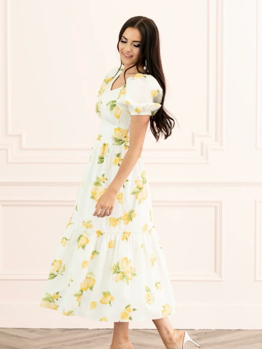 Rachel Parcell White Lemon-Print Puff-Sleeve Maxi Dress